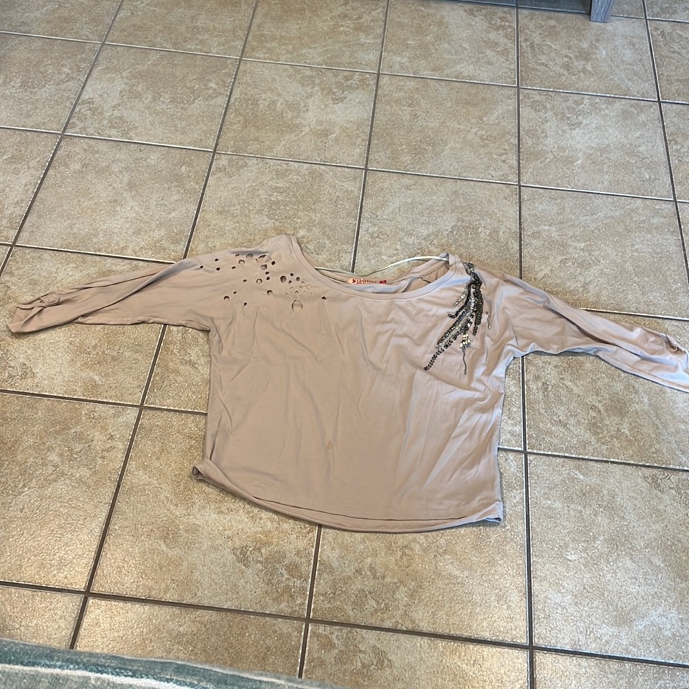 Yes! Miss European Tan/Taupe Wide Neck Beaded Open Detail Top/Blouse